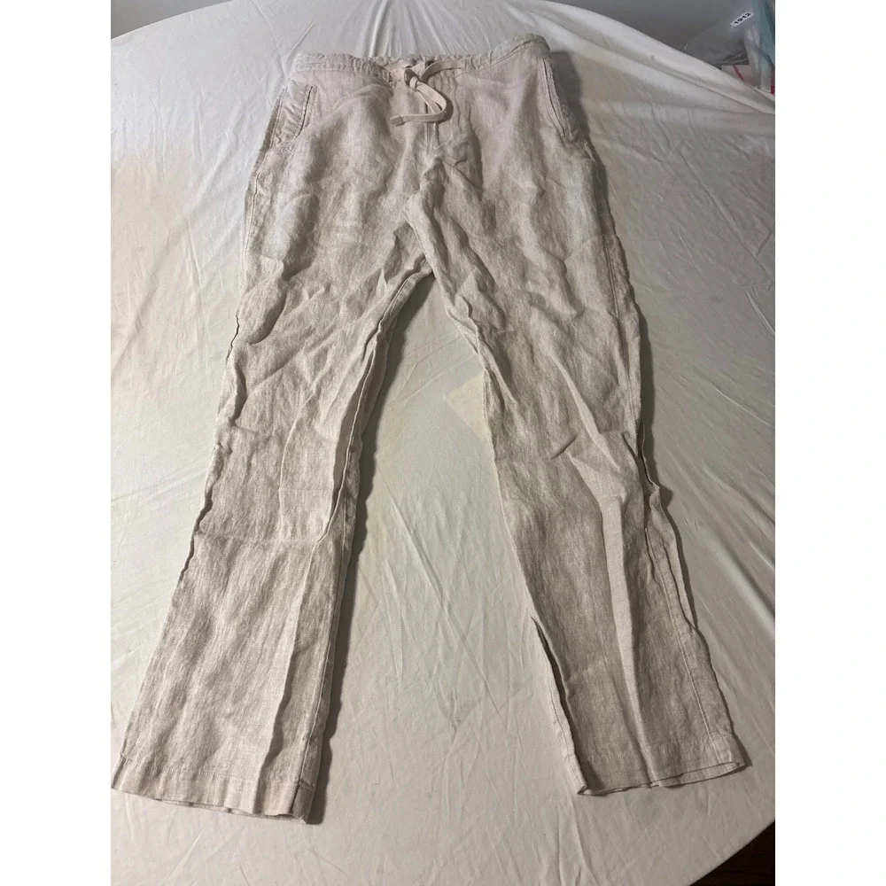 Linen Drawstring Pants Mens 37x31.5 Oatmeal Beige Straight Leg Coastal Excellent